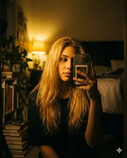 Damali taking a mirror photo in warm lamplight