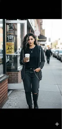 Damali walking down a city street in a black outfit with a coffee