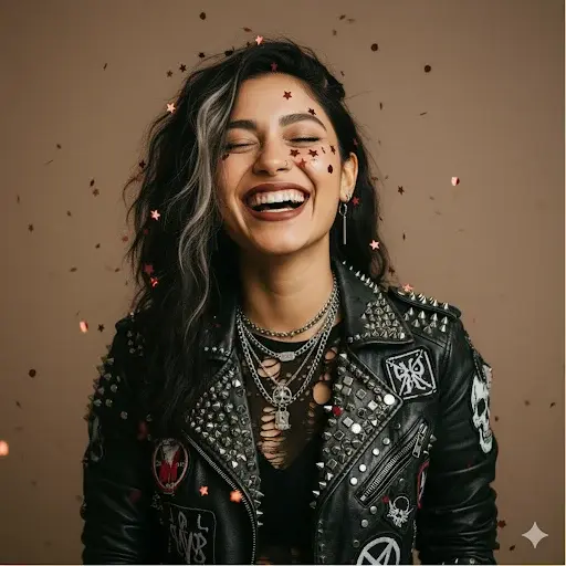 Damali laughing in a studded black leather jacket, surrounded by confetti