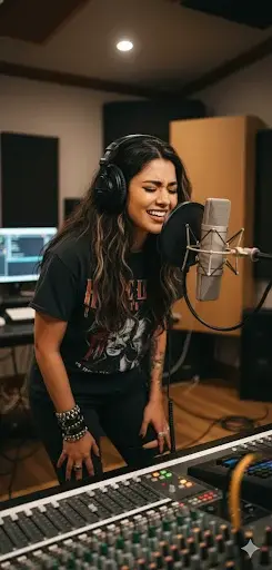 Damali at a recording studio microphone