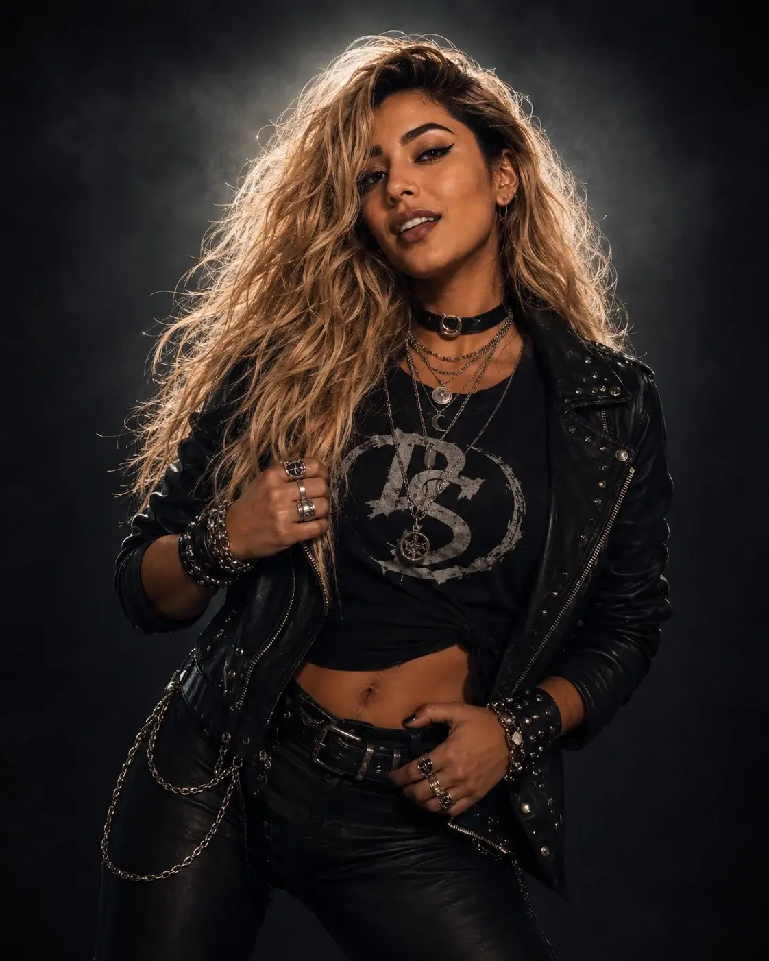 Damali wearing a leather jacket and layered silver chains