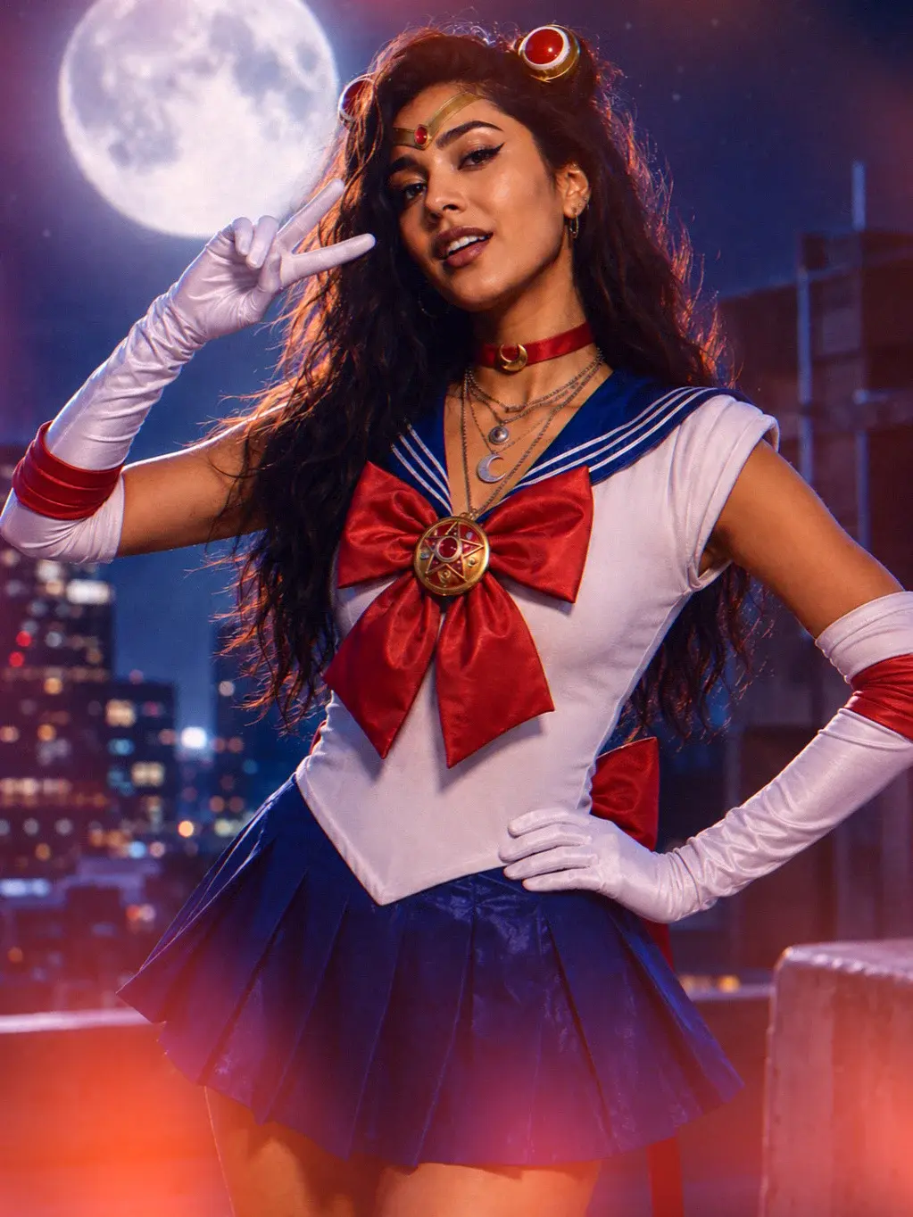 Damali in a sailor-inspired fantasy costume beneath a full moon