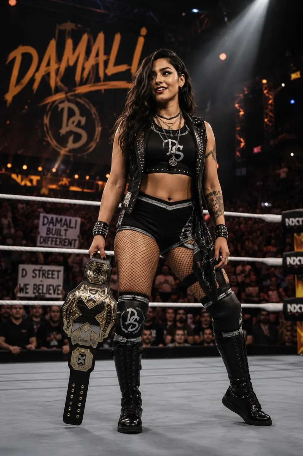 Damali in a wrestling ring wearing black performance gear