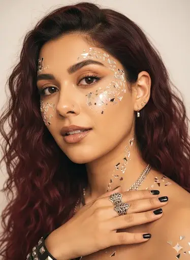 Close portrait of Damali with silver star makeup