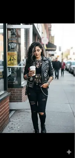 Damali with a coffee on a city street
